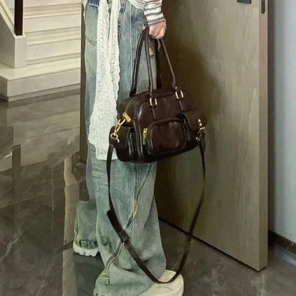 Retro Brown Bowling Tote Bag Women Ladies Leather Multi Pocket Large Capacity Shoulder Bag Ladies Fashion Boston Crossbody Bags