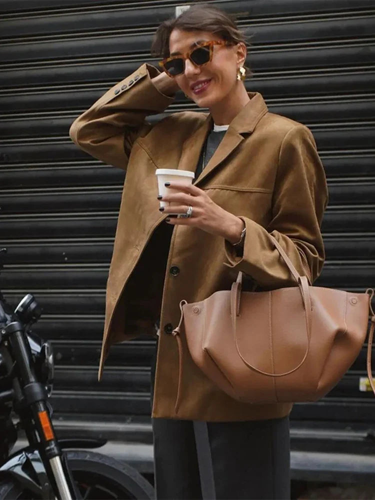 Casual Brown Cropped Lapel Women's Jacket Fashion Single Breasted Long Sleeve Loose Coat New Winter Chic Female Streetwear