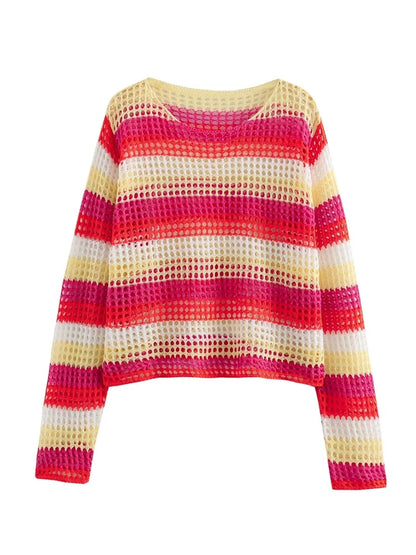 New Summer Women's Casual Versatile Knitted Colored Stripe Long sleeved Round Neck Loose Knitted Top