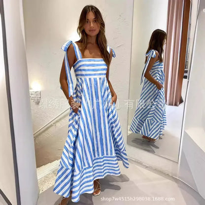 Fashion Stripe Printing Bow Lace Up Bow Sling Dress Women Elegant Sleeveless Backless Long Dresses 2024 New Lady Beach Vestidos