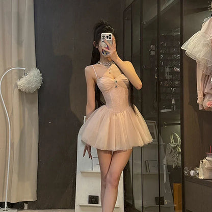 Sweet Mini Dress Women Birthday Party Mesh Patchwork Spaghetti Strap Dresses Summer Y2K Korean Fashion Bodycon Design Vestidos