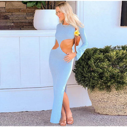 Crew Neck Cutout Twist Waist Side Slit Boucle Knit Maxi Dress