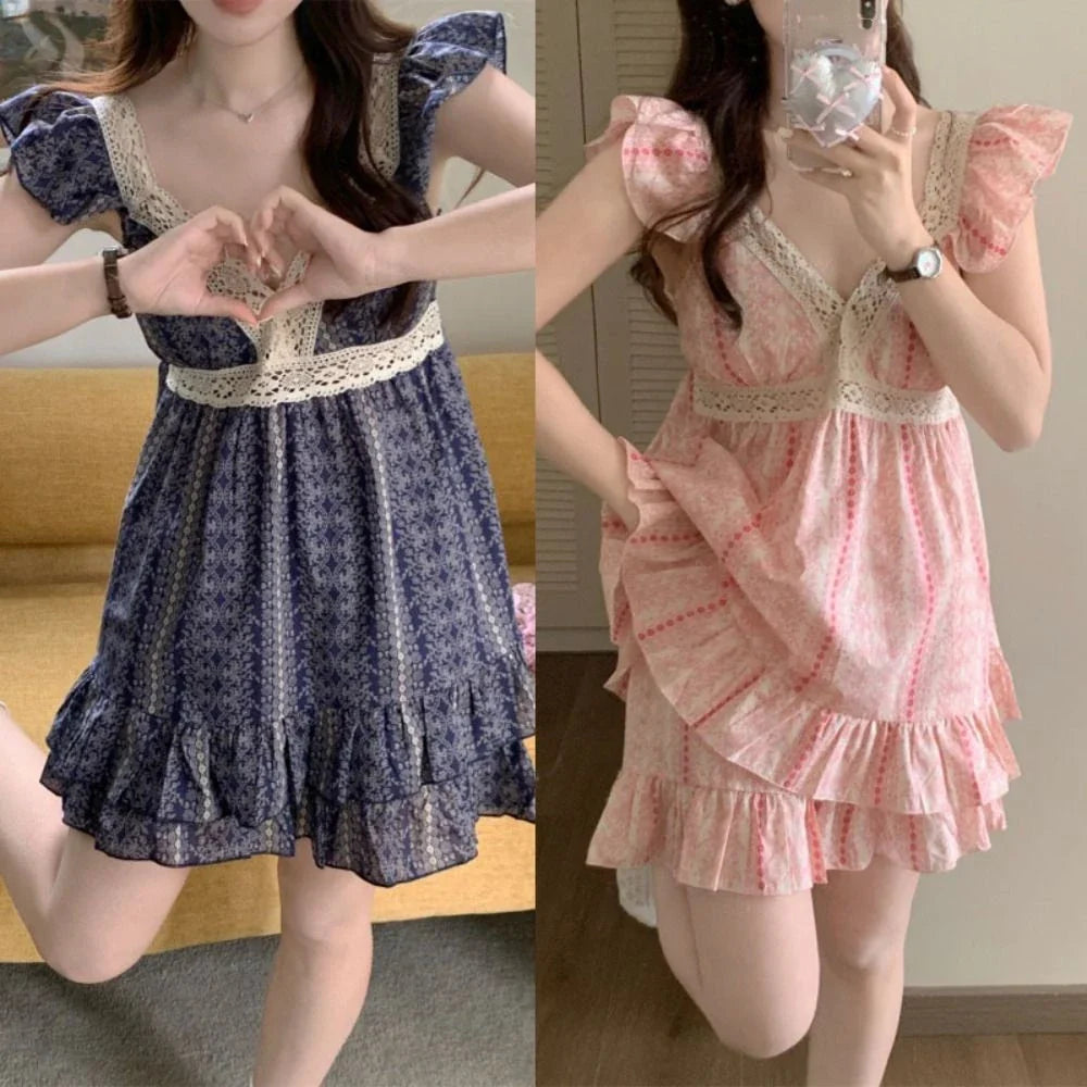 Striped Suspender Shorts Pajamas Ruffle Sleeveless Floral Pajamas Suit Loose with Chest Pad Women's Sleepwear Sets Sleeping