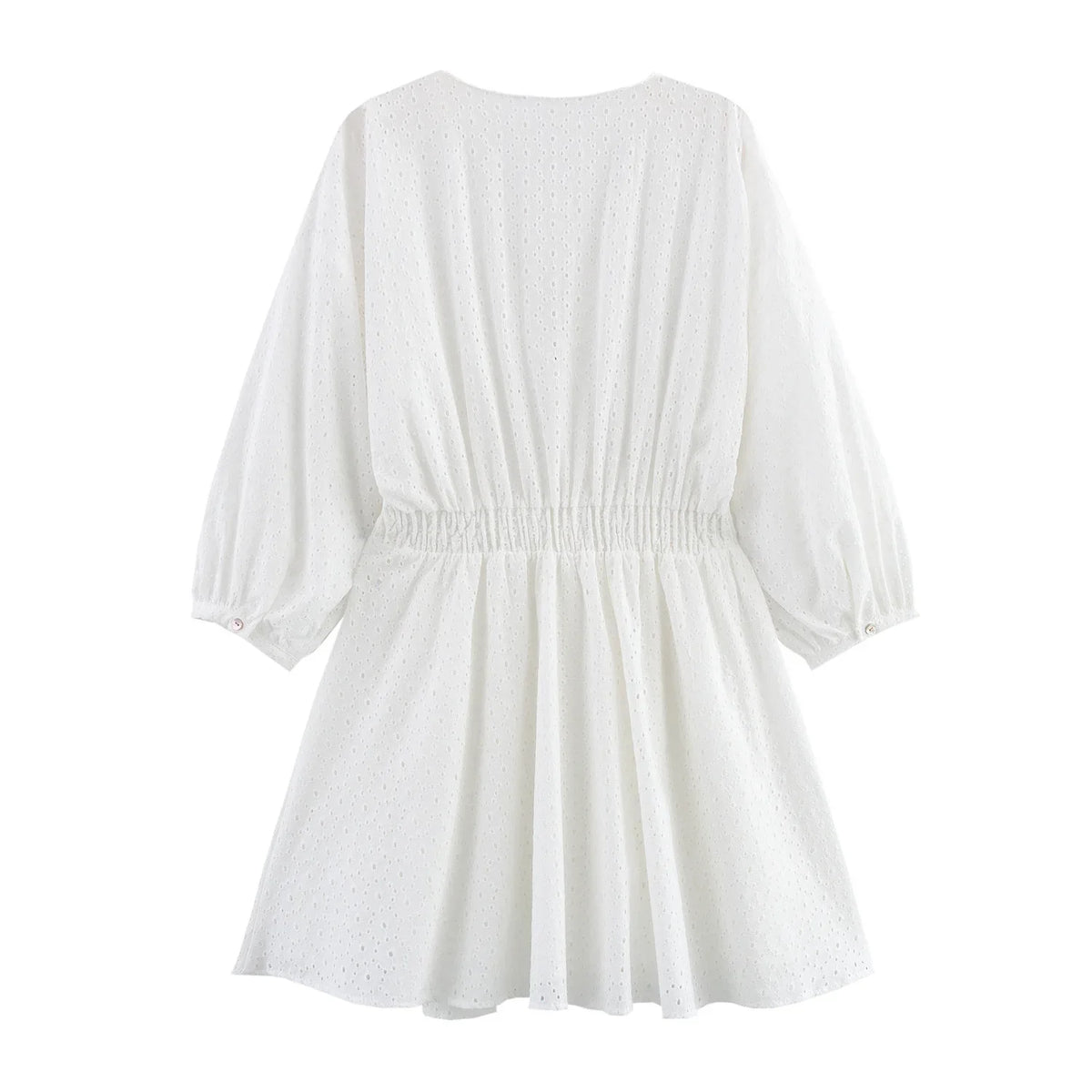 Lantern Sleeve Flower Embroidery Short Dress Elastic Waist A-line White Women Dress Vacation Casual Summer Dresses