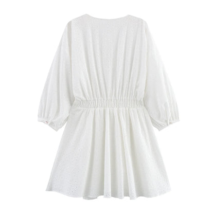 Lantern Sleeve Flower Embroidery Short Dress Elastic Waist A-line White Women Dress Vacation Casual Summer Dresses