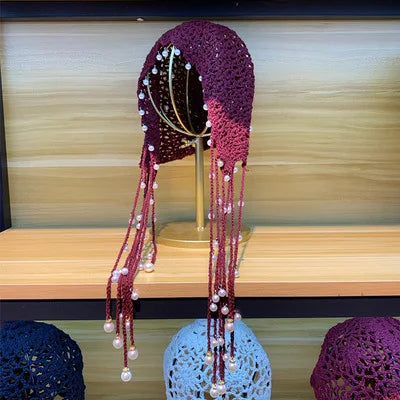 Japanese Spring Summer Handmade Crochet Knitted Hat Hollow Retro Fringed Pearl Sunscreen Hat Fashion Breathable Court Beanie Cap