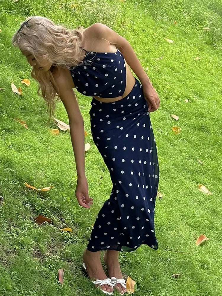 Sexy Polka Dot Print 2-Piece Set Women Halter Bandage Halter Backless Sleeveless Mini Tops+Straight Skirt Matching Suit