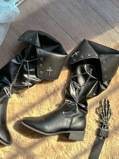 Pinkyo Original Dark Cross Pointed Spicy Girl Boots Lolita American Punk Style Thick Heel Retro Knight Boots