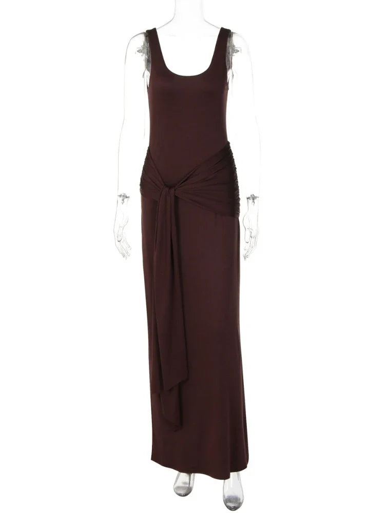 Elegant U-Neck Sleeveless Bodycon Long Dress Women's Solid Color Ribbon Tie-up Ruched Slim Maxi Dress for Date Night Party