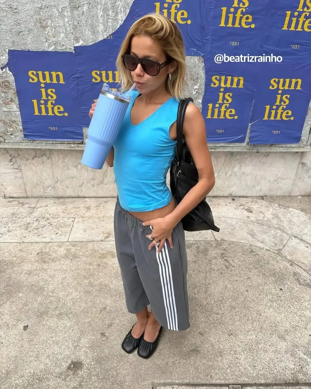 women fashion Light Blue V-neck Slim Fit Crop Tops Solid Color Sleeveless Tight Fitting Vest New Lady Casual Street Outfits