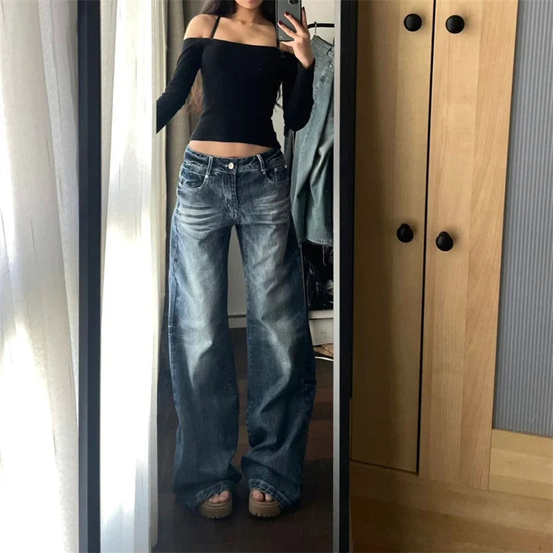 Women's Retro Wide Leg Washed Blue Jeans Summer New Cool Girl Straight Bottoms Vintage Casual Trousers Female Mid-Waisted Pants