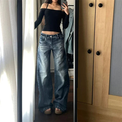 Women's Retro Wide Leg Washed Blue Jeans Summer New Cool Girl Straight Bottoms Vintage Casual Trousers Female Mid-Waisted Pants