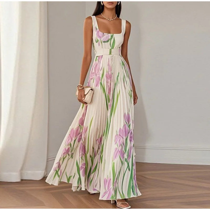 Elegant Print Belt Long Holiday Dress Women Square Collar Sleeveless Backless Pleated Party Dresses 2025 Summer Lady Floral Robe