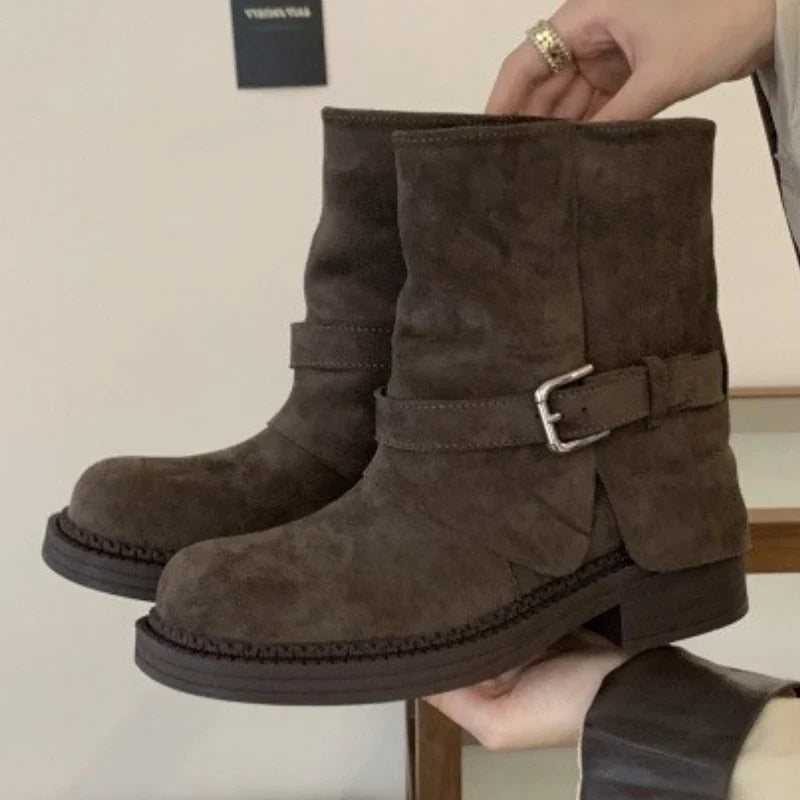 Fashion Metal Buckle Decoration Design Ankle Boots Women High Quality Retro Faux Suede Boots Comfortable Non-Slip Platform Boots
