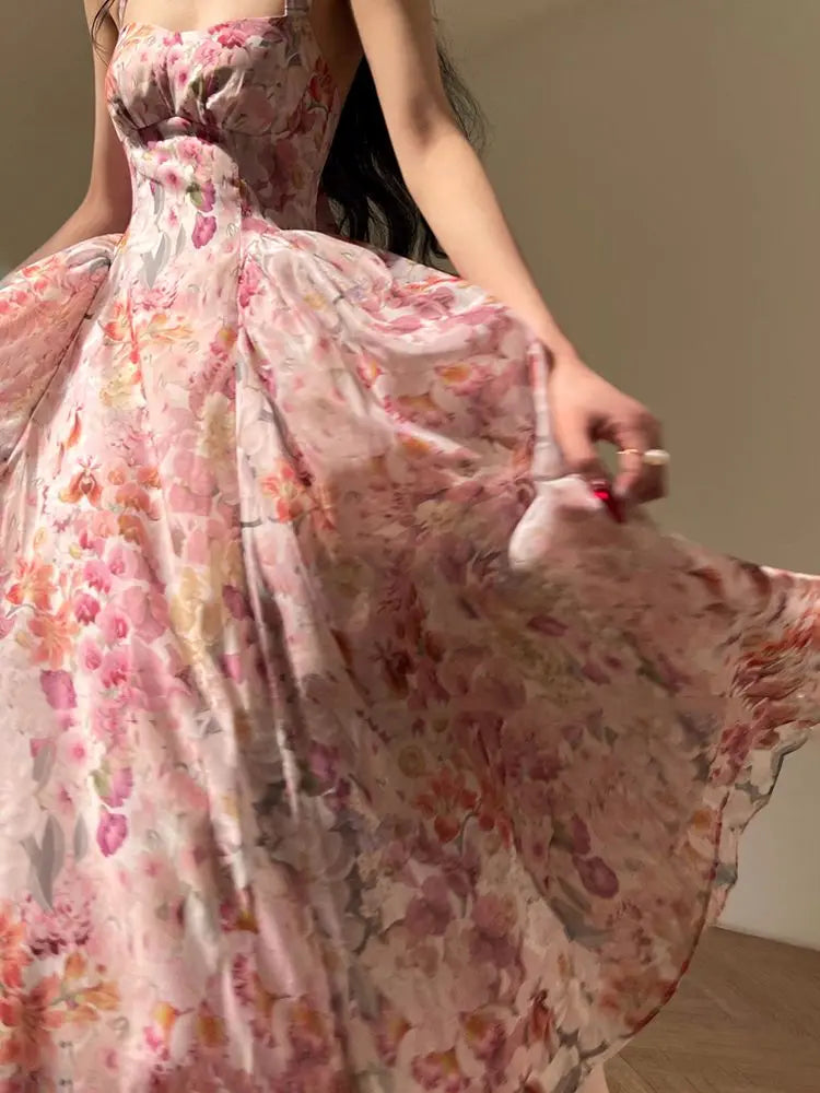 Suspender Dress Floral French Exquisite Print Summer Vacation Seaside Swing Long Women'S Long Dress