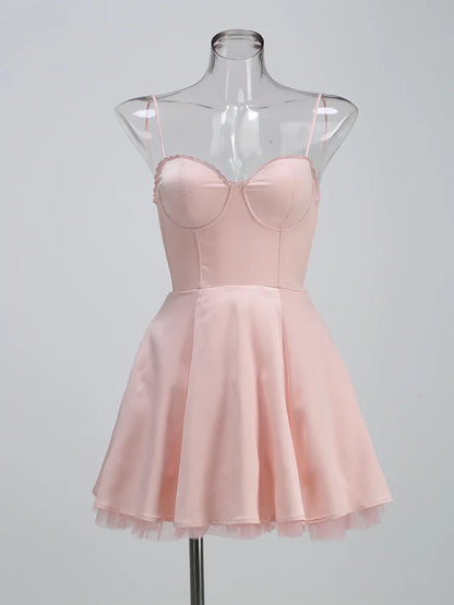 Sweetheart Neck Lace Trim Spaghetti Strap Tulle Hem Fit and Flare Mini Dress