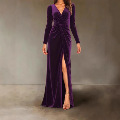 Velvet Dress for Women Autumn Winter New V-neck Slim Twist High Waist Evening Dress Sexy Solid Color Pleated A-line Dresses