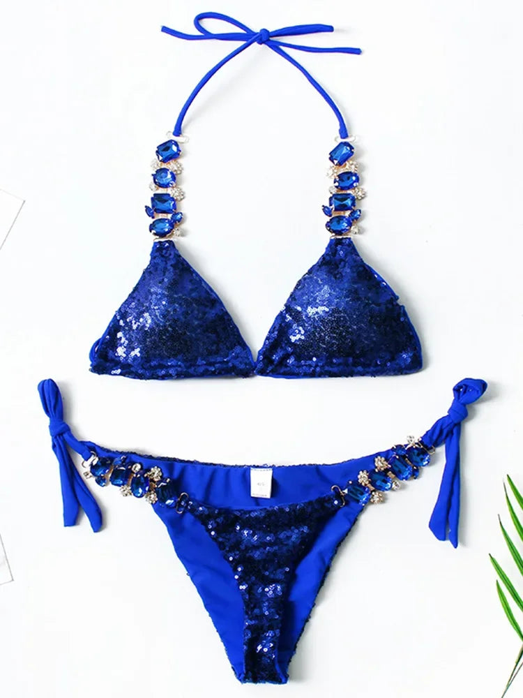 New Shiny Sequins Rhinestone Diamond Bikini Women Swimwear Female Swimsuit Two Pieces Bikini set Halter Bather Bathing Suit Swim