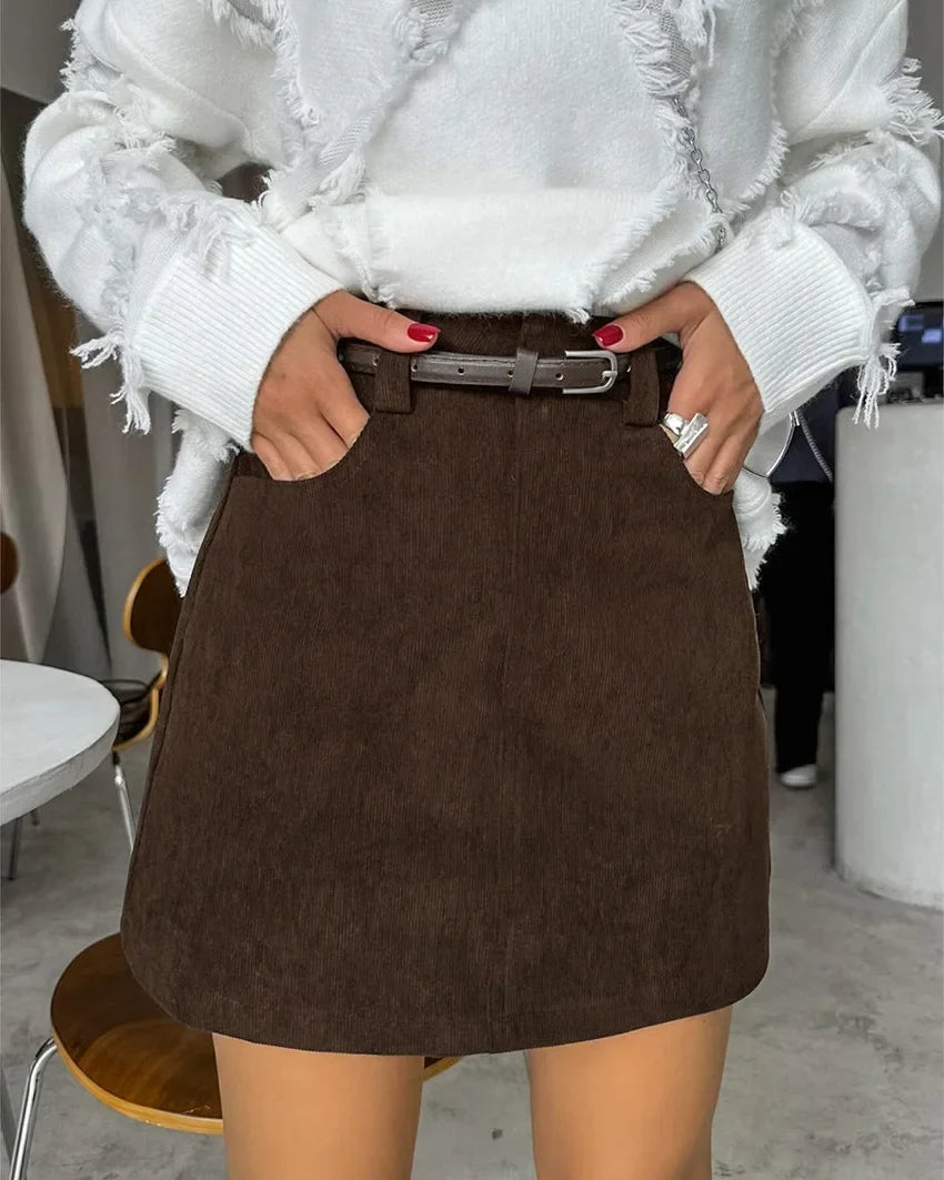 Corduroy Half length Skirt for Women, High Waist Commuter Versatile, Slim Look, A-line Hip Wrapping Skirt