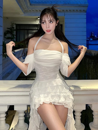 Sweet Tassel Dress Women One Shoulder Multi-Layered Ruffles Skinny Lace-Up Backless Summer Trend Skinny Mini Bodycon