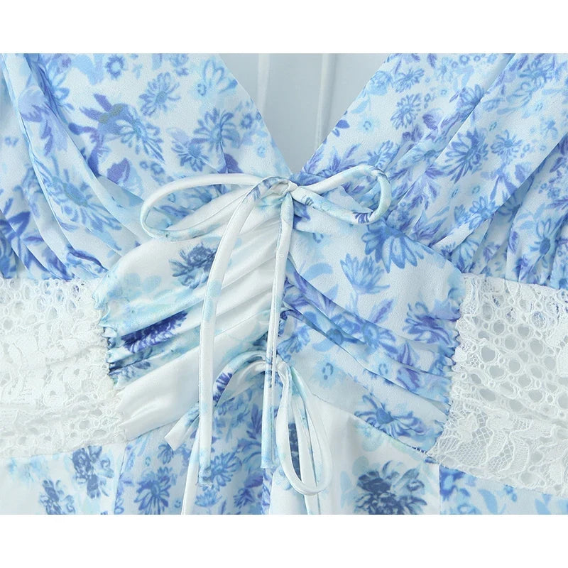 Summer Women Blue Floral Print A-line Mini Dresses Sexy Backless V Neck Lace Spliced Boho Dresses Female Holiday Robe New 2025