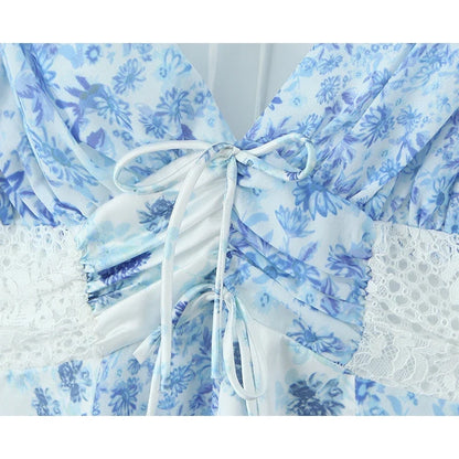 Summer Women Blue Floral Print A-line Mini Dresses Sexy Backless V Neck Lace Spliced Boho Dresses Female Holiday Robe New 2025