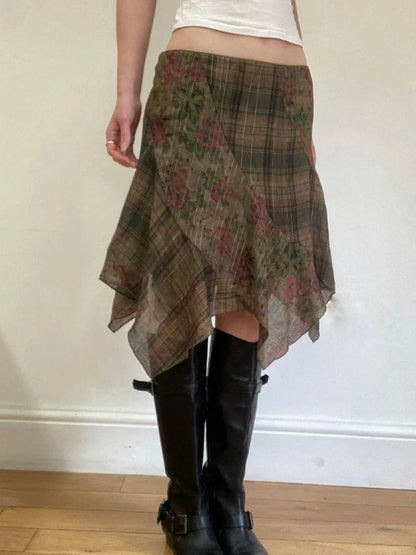 Y2k Sexy Low Waist American Retro Print Plaid Patchwork Irregular Streetwear Fashion Skirts