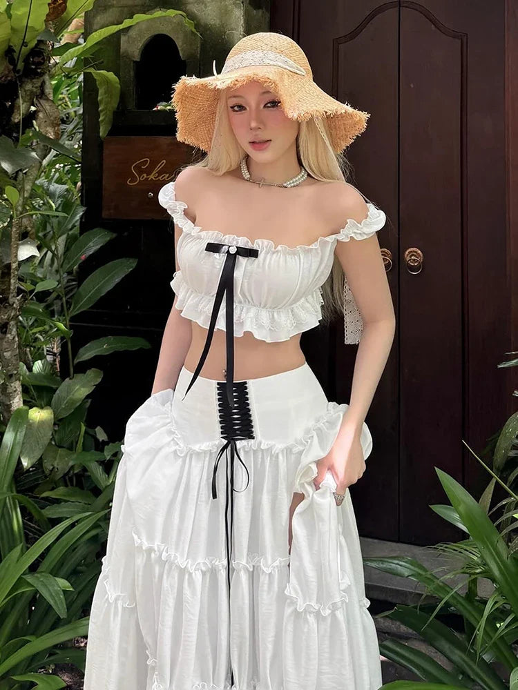 Puss Sweet 2-Piece Set Women Y2K Slash neck Patchwork Lace Bow Crop Tops+High Split Bandage Skirts Matching Vacation Suits