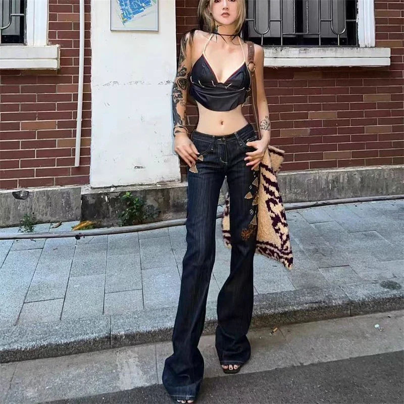 Women's Embroidery Low Waisted Micro Flared Jeans Summer New Casual Slim Denim Narrow Pants Female Sexy Bell-bottoms Trousers
