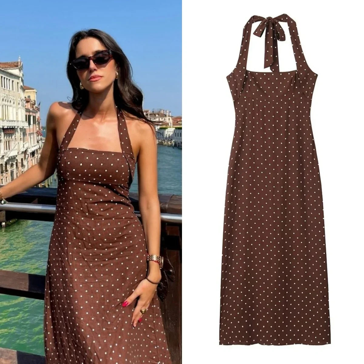summer new women's fashion elegant temperament backless halter neck polka dot slim long skirt