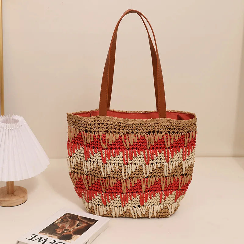 New One Shoulder Grass Woven Bag Contrast Color Handmade Large Capacity Beach Vacation Leisure Summer Women's Bag