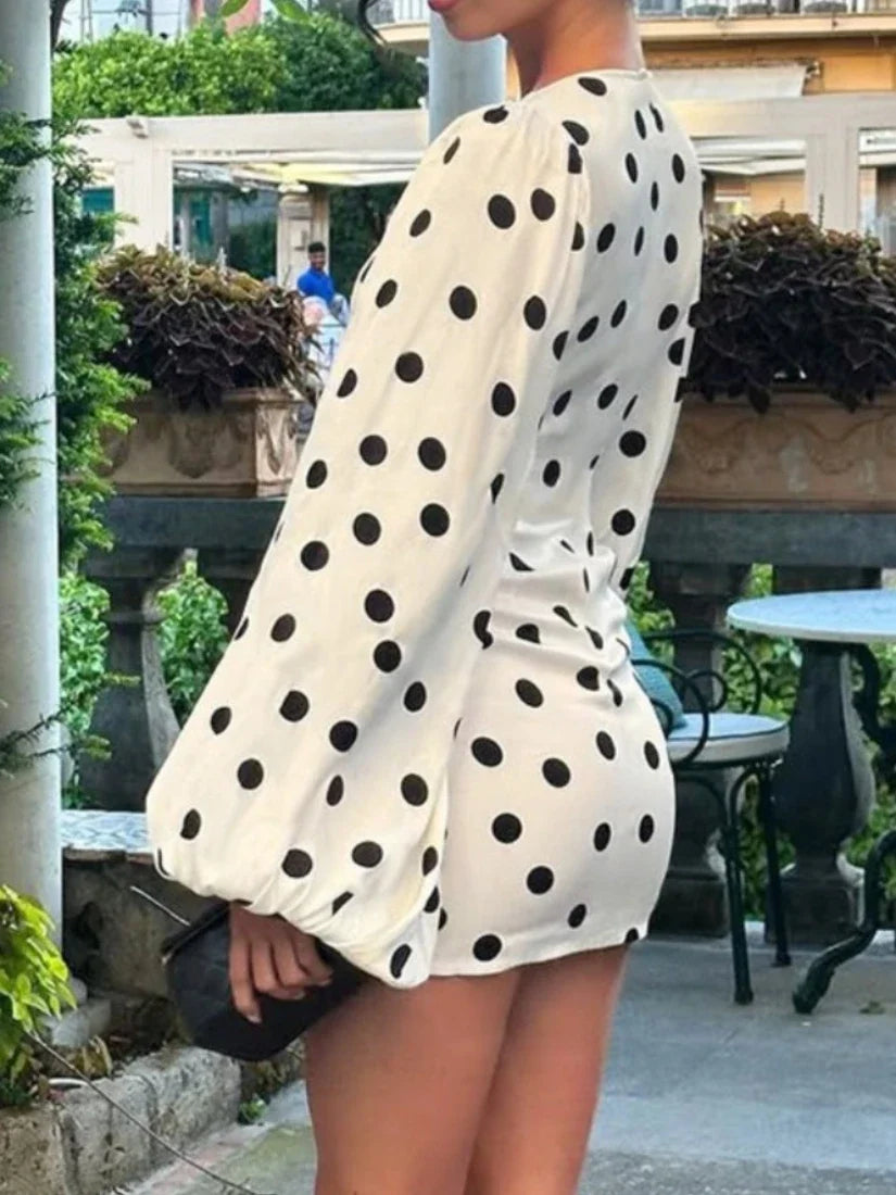 Spring Autumn Polka Dot Print Mini Dress Women Elegant Deep V Neck Flare Sleeve Slim High Waist A Line Short Party Dresses