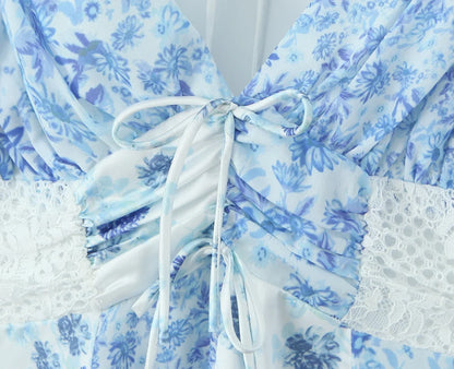 Summer Women Blue Floral Print A-line Mini Dresses Sexy Backless V Neck Lace Spliced Boho Dresses Female Holiday Robe New 2025
