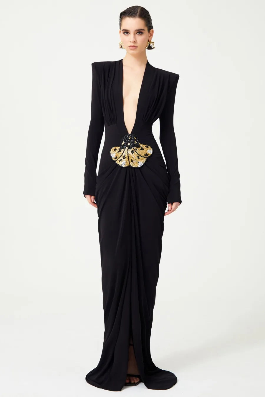 Deep V-Neck Padded Shoulder Butterfly Applique Draped Maxi Gown