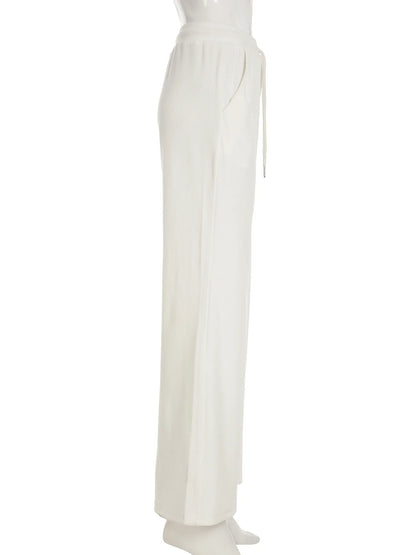 Casual Solid Bandage Wide Leg Pants Basic Mid-Waisted Straight Pants Women Autumn Spring Fashion Streetwear Ladies