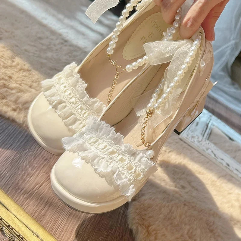 Original French Lace Pearl Lolita Shoes Autumn Fairy Round Head Thick Heels Japanese Girls' Tea Party Single Shoes