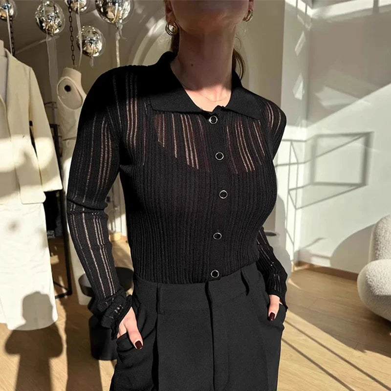 Sheer Knit Cardigan For Women Casual Lapel Patchwork Button Sweater Cardigans Street Slim Party Elegant Slim Blouse 2026
