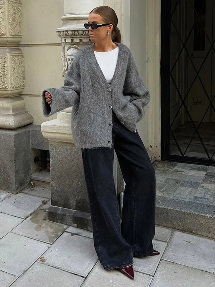 Knitted Cardigans Women Single Breasted Chic V-neck Loose Long Sleeve Sweater Winter Gray All-match Coat Tops