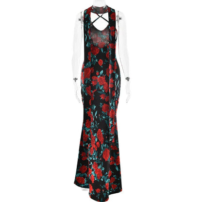 Deep V Spaghetti Strap Floral Print Bodycon Maxi Dress