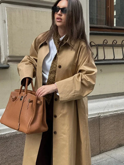 Women Khaki Lapel Long Windbreaker Fashion Single Breasted Full Sleeve Causal Jacket New Autumn Lady High Street Outerwear