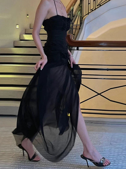 Patchwork Mesh Maxi Dress Women High Slits Folds Halter Bandage Backless Sleeveless Elegant Temperament Banquet Vestidos