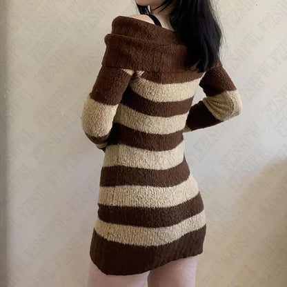 Stripe Y2k Knitted Dress Aesthetics Graphic Print Slim Punk Knitt Frock Fashion Grunge Goth Button Skirt Streetwear Retro Hiphop