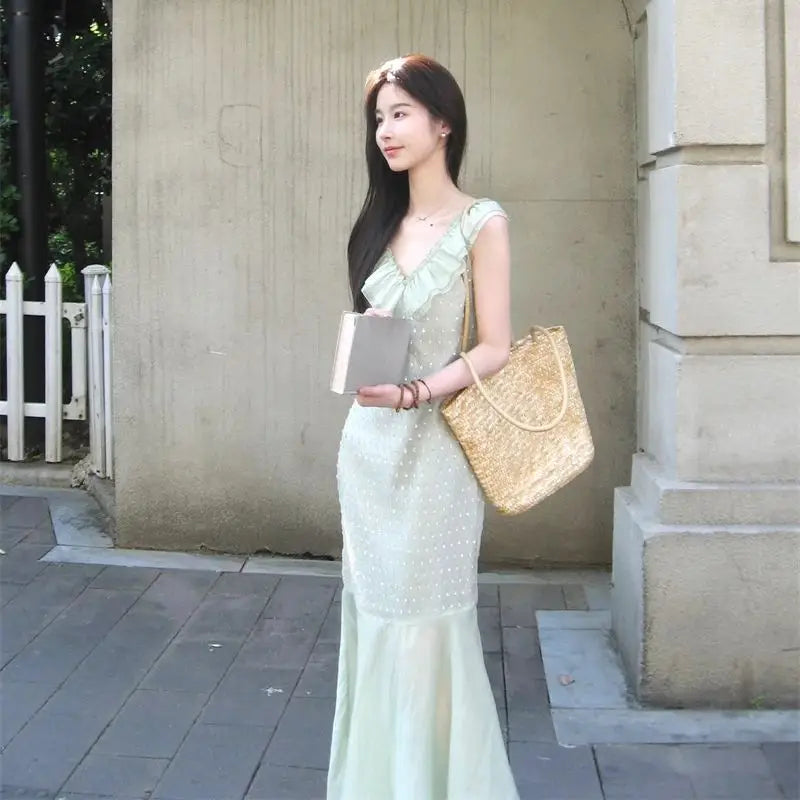 Ruffled V-neck Holiday Dress Fairy Green Yarn Patchwork Vestidos Summer Beading Sleeveless Slim Long Dresses Thin Z305