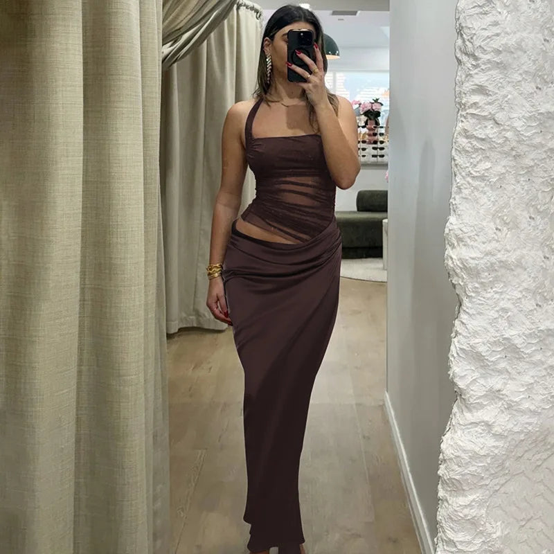 Halter Mesh Ruched Midriff Wrap Panel Bodycon Maxi Gown