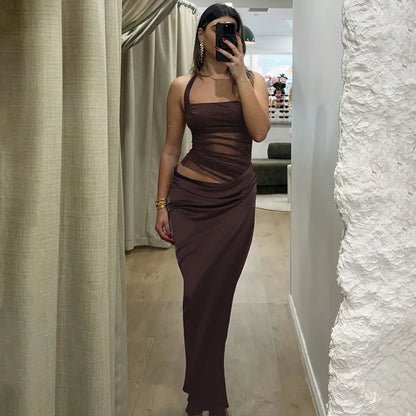 Halter Mesh Ruched Midriff Wrap Panel Bodycon Maxi Gown