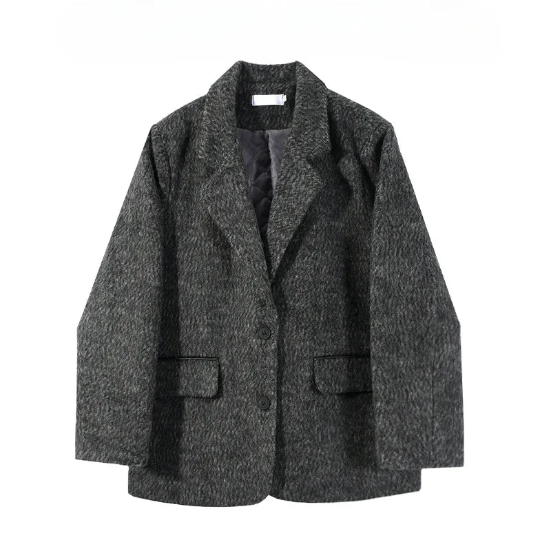 Advanced Gray Padded Shoulder Suit Woolen Coat for Women in Autumn and Winter, Thickened Plush, Niche Woolen Coat Trend