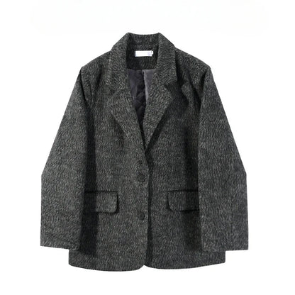 Advanced Gray Padded Shoulder Suit Woolen Coat for Women in Autumn and Winter, Thickened Plush, Niche Woolen Coat Trend