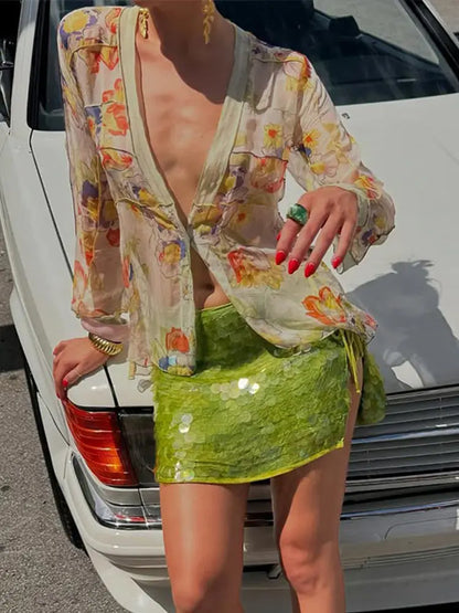 Fashion Sequin Mini Skirt Women High Waist Side Split Lace Up A-line Skrits Female 2025 Spring Summer Chic Glitter Lady Skirts