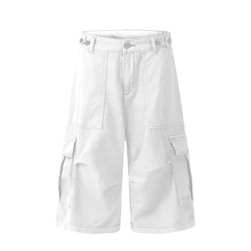 Big Pockets White Denim Cargo Pants Women Solid Vintage Pintuck Adjustable Low Waist Wide Leg Baggy Jorts Summer Clothes