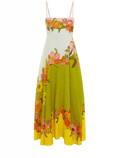 Floral Print Square Neck Spaghetti Strap Pocket Maxi Dress